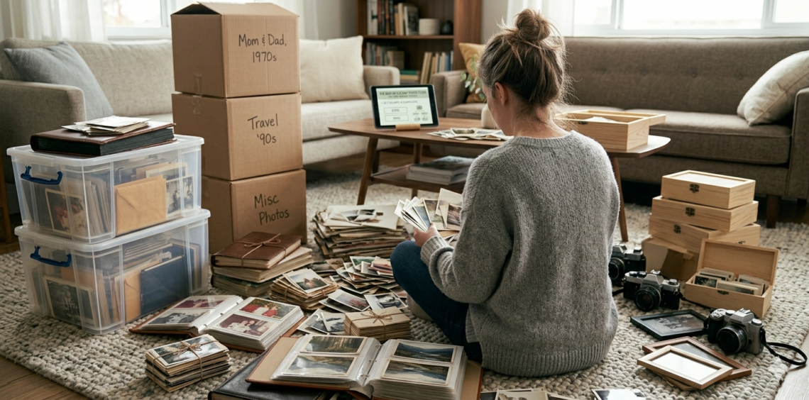 A woman works through a massive, sentimental project of filtering old family memories. She sits on the floor surrounded by countless piles of vintage photographs, open albums, storage containers, and labeled boxes, illustrating the immense scale of archiving a lifetime of physical photos.