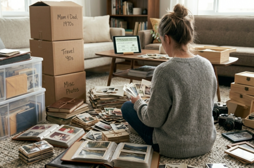 A woman works through a massive, sentimental project of filtering old family memories. She sits on the floor surrounded by countless piles of vintage photographs, open albums, storage containers, and labeled boxes, illustrating the immense scale of archiving a lifetime of physical photos.