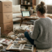 A woman works through a massive, sentimental project of filtering old family memories. She sits on the floor surrounded by countless piles of vintage photographs, open albums, storage containers, and labeled boxes, illustrating the immense scale of archiving a lifetime of physical photos.