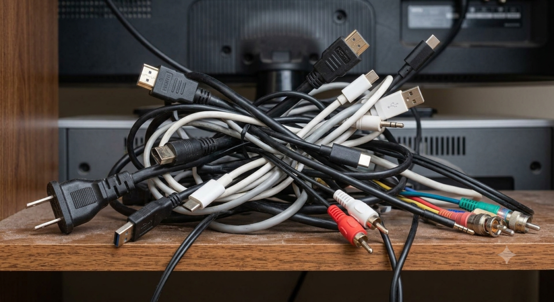 Collection of very tangled cords of all different types sitting behind an electronic screen on a dusty shelf.