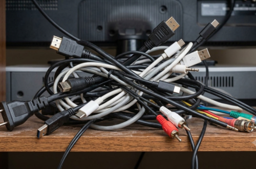Collection of very tangled cords of all different types sitting behind an electronic screen on a dusty shelf.