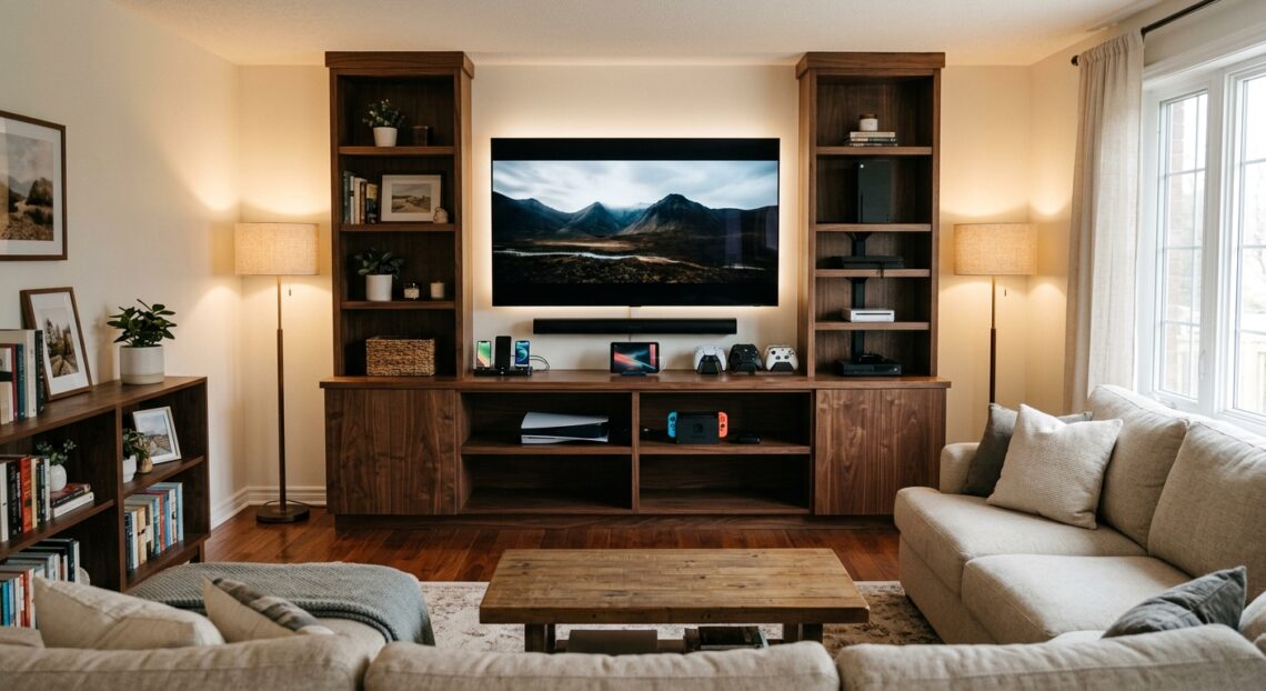 A high-angle photograph looking over the back of a beige sectional sofa into a modern, organized living room. The center of the room features a large walnut entertainment center with a wall-mounted TV displaying a mountain landscape, flanked by open bookshelves with decor, plants, and books. Below the TV is a soundbar, several charging electronics, and multiple game controllers. An open lower cabinet reveals a couple of gaming systems. A rustic wooden coffee table with books sits on an area rug on a hardwood floor. Two standing lamps provide warm ambient light.