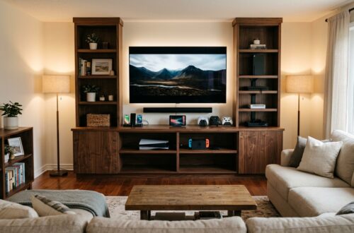 A high-angle photograph looking over the back of a beige sectional sofa into a modern, organized living room. The center of the room features a large walnut entertainment center with a wall-mounted TV displaying a mountain landscape, flanked by open bookshelves with decor, plants, and books. Below the TV is a soundbar, several charging electronics, and multiple game controllers. An open lower cabinet reveals a couple of gaming systems. A rustic wooden coffee table with books sits on an area rug on a hardwood floor. Two standing lamps provide warm ambient light.
