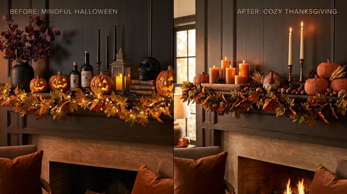 Side-by-side comparison of a fireplace mantel decorated for holidays: the left side shows a moody Halloween aesthetic with black candles, a black vase with burgundy fall foliage, glowing jack-o'-lanterns, and a leaf garland with smart fairy lights; the right side shows a warm, cozy Thanksgiving aesthetic with the same base leaf garland, amber flameless candles, brass holders, natural pinecones, and a decorative turkey.