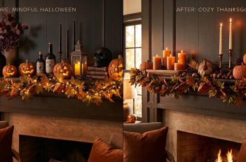 Side-by-side comparison of a fireplace mantel decorated for holidays: the left side shows a moody Halloween aesthetic with black candles, a black vase with burgundy fall foliage, glowing jack-o'-lanterns, and a leaf garland with smart fairy lights; the right side shows a warm, cozy Thanksgiving aesthetic with the same base leaf garland, amber flameless candles, brass holders, natural pinecones, and a decorative turkey.